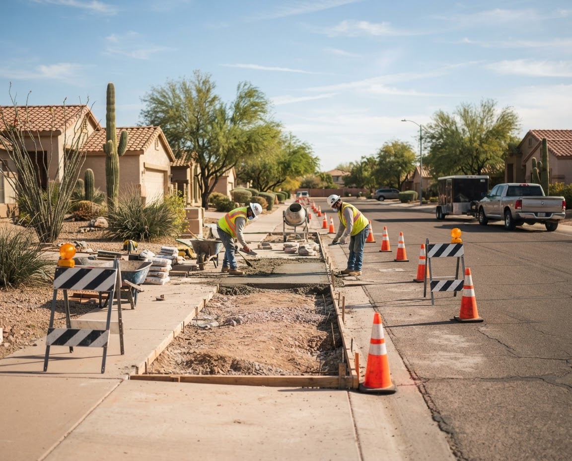 Local Utility and Street Work with Excavator and Traffic Cones in Phoenix