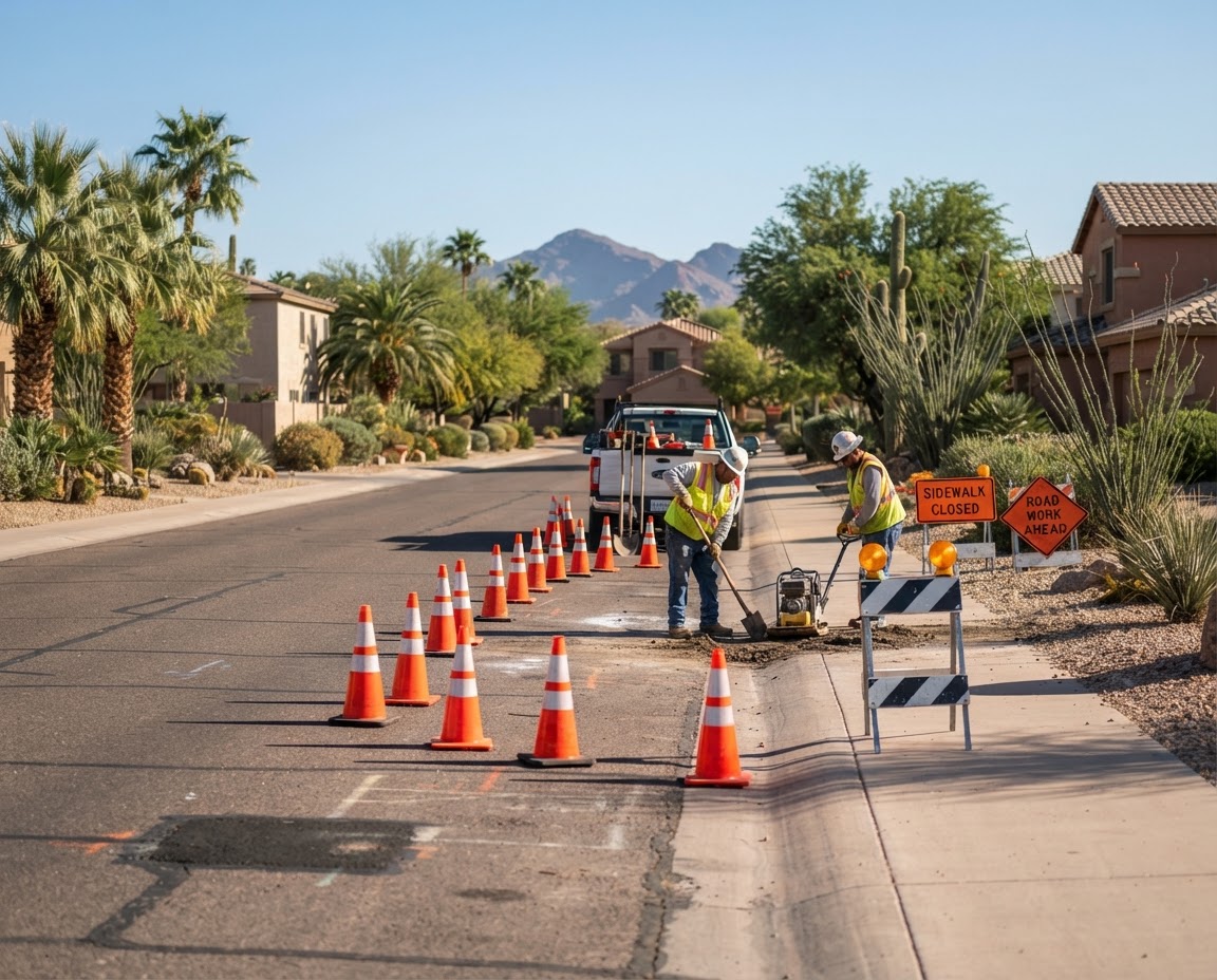 Utility trenching and road work zone with barricades, cones and steel plates