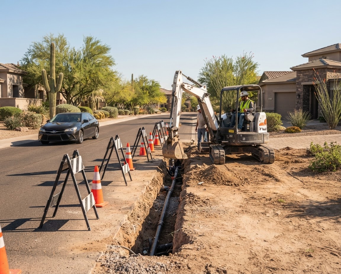 Local Utility and Street Work with Excavator and Traffic Cones in Phoenix