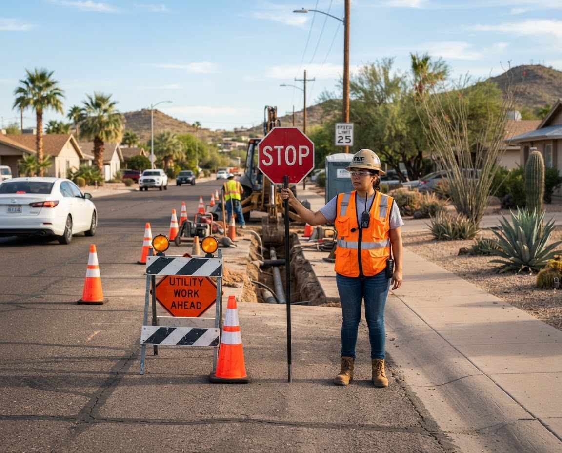 Local Utility and Street Work with Excavator and Traffic Cones in Phoenix