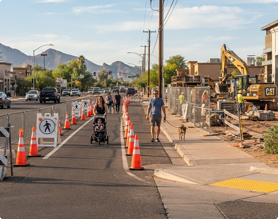 Utility trenching and road work zone with barricades, cones and steel plates