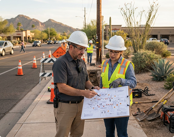 Local Utility and Street Work with Excavator and Traffic Cones in Phoenix