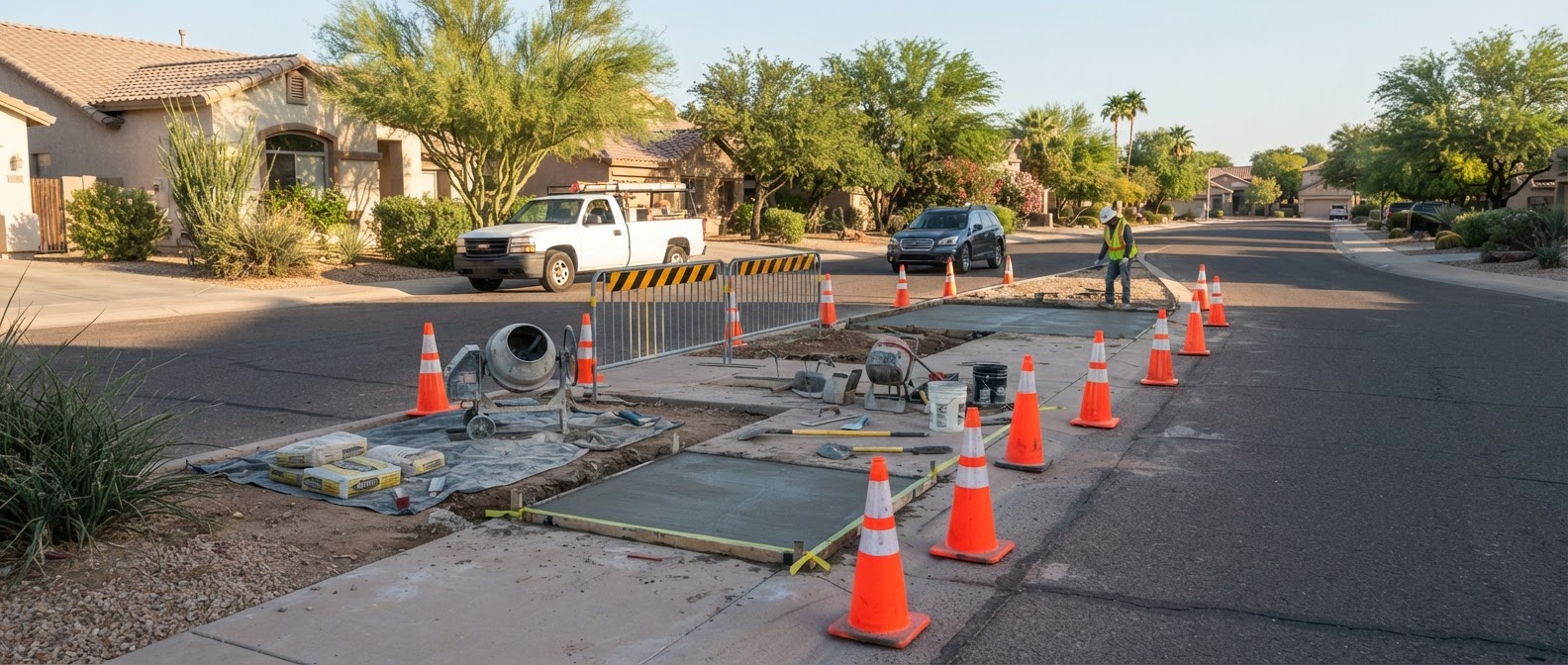 Utility trenching and road work zone with barricades, cones and steel plates